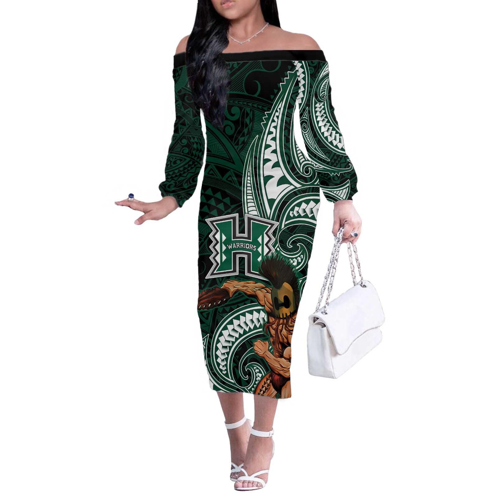 Hawaii Ikaika Warrior Football Off The Shoulder Long Sleeve Dress Polynesian Tribal Tattoo - Polynesian Pride