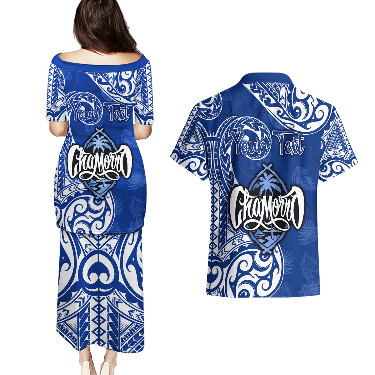 Personalised Hafa Adai Guam History and Chamorro Heritage Day Couples Matching Puletasi Dress and Hawaiian Shirt Blue Latte Stone LT05 - Polynesian Pride