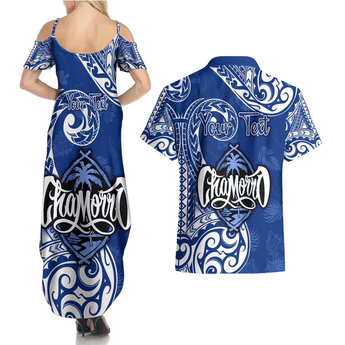 Personalised Hafa Adai Guam History and Chamorro Heritage Day Couples Matching Summer Maxi Dress and Hawaiian Shirt Blue Latte Stone LT05 - Polynesian Pride