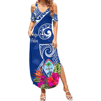 Personalised Hafa Adai Guam History and Chamorro Heritage Day Family Matching Summer Maxi Dress and Hawaiian Shirt Blue Latte Stone LT05 Mom's Dress Blue - Polynesian Pride