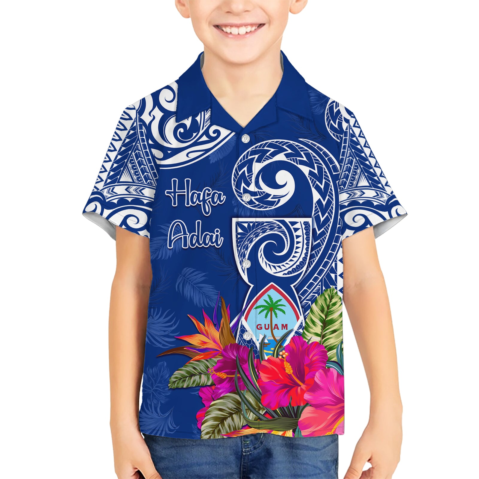 Personalised Hafa Adai Guam History and Chamorro Heritage Day Kid Hawaiian Shirt Blue Latte Stone LT05 Kid Blue - Polynesian Pride