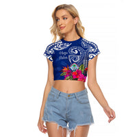 Personalised Hafa Adai Guam History and Chamorro Heritage Day Raglan Cropped T Shirt Blue Latte Stone LT05 Female Blue - Polynesian Pride