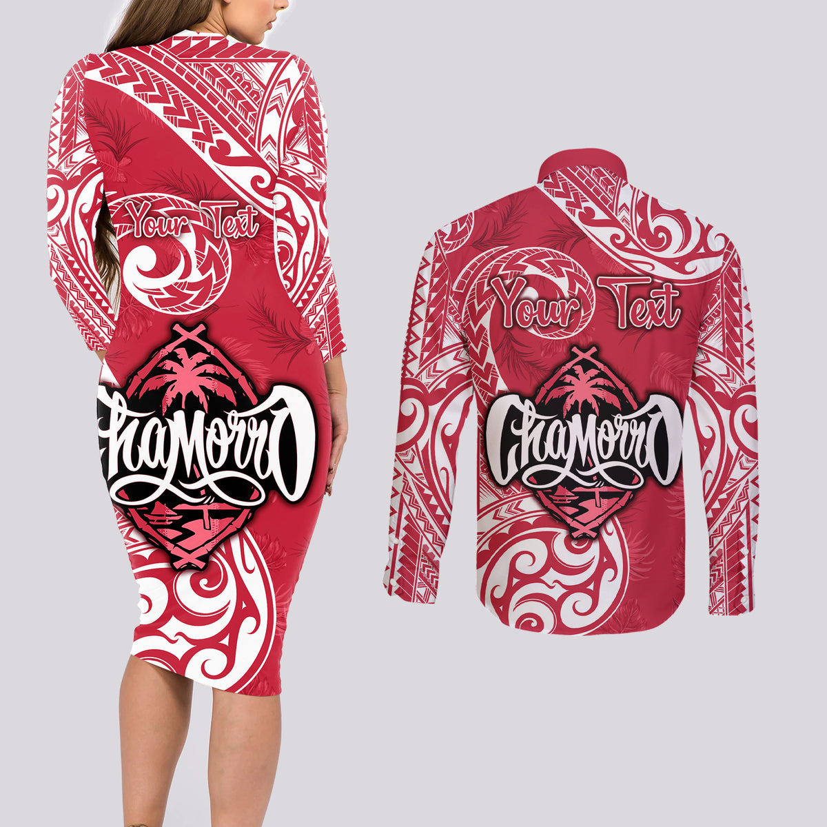 Personalised Hafa Adai Guam History and Chamorro Heritage Day Couples Matching Long Sleeve Bodycon Dress and Long Sleeve Button Shirt Red Latte Stone LT05 - Polynesian Pride