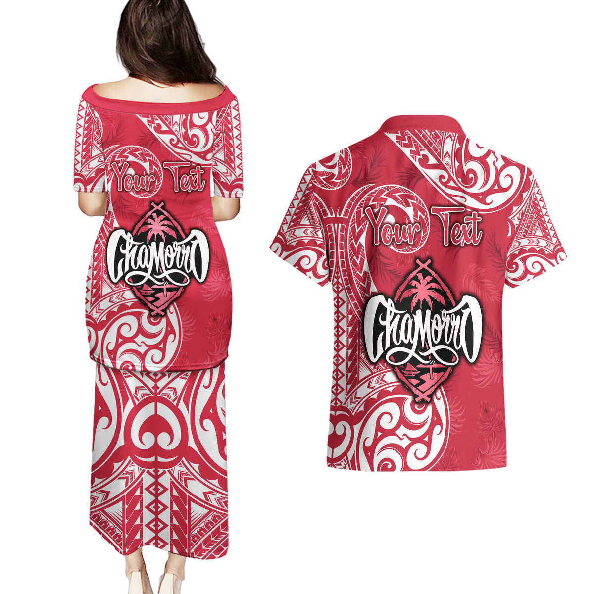 Personalised Hafa Adai Guam History and Chamorro Heritage Day Couples Matching Puletasi Dress and Hawaiian Shirt Red Latte Stone LT05 - Polynesian Pride