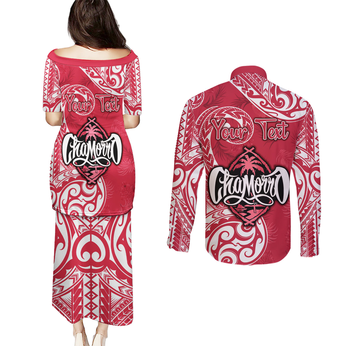 Personalised Hafa Adai Guam History and Chamorro Heritage Day Couples Matching Puletasi Dress and Long Sleeve Button Shirt Red Latte Stone LT05 - Polynesian Pride