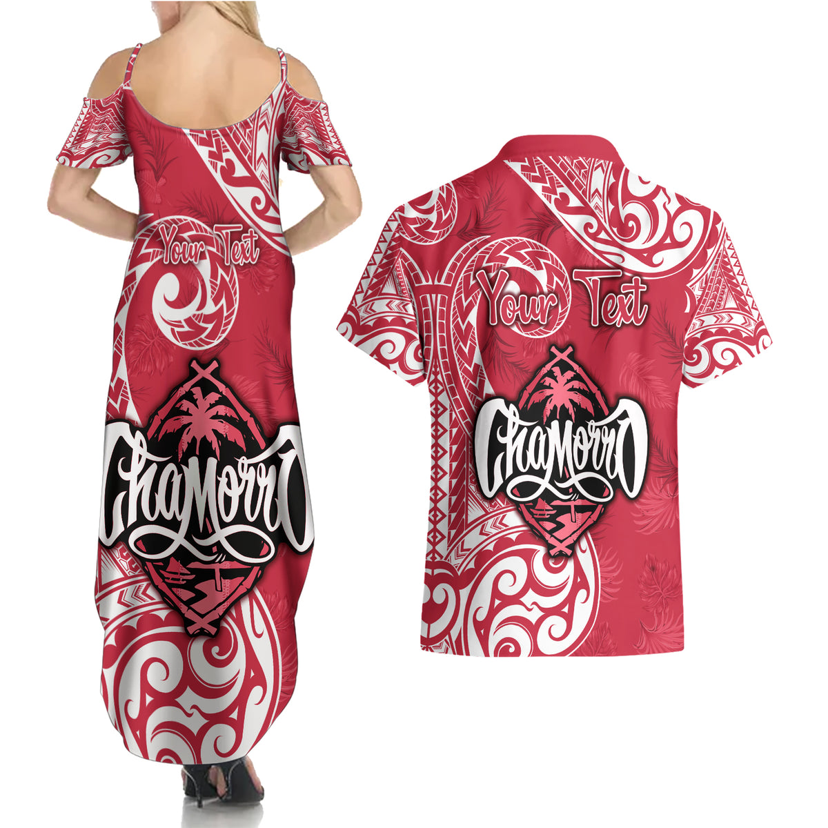 Personalised Hafa Adai Guam History and Chamorro Heritage Day Couples Matching Summer Maxi Dress and Hawaiian Shirt Red Latte Stone LT05 - Polynesian Pride