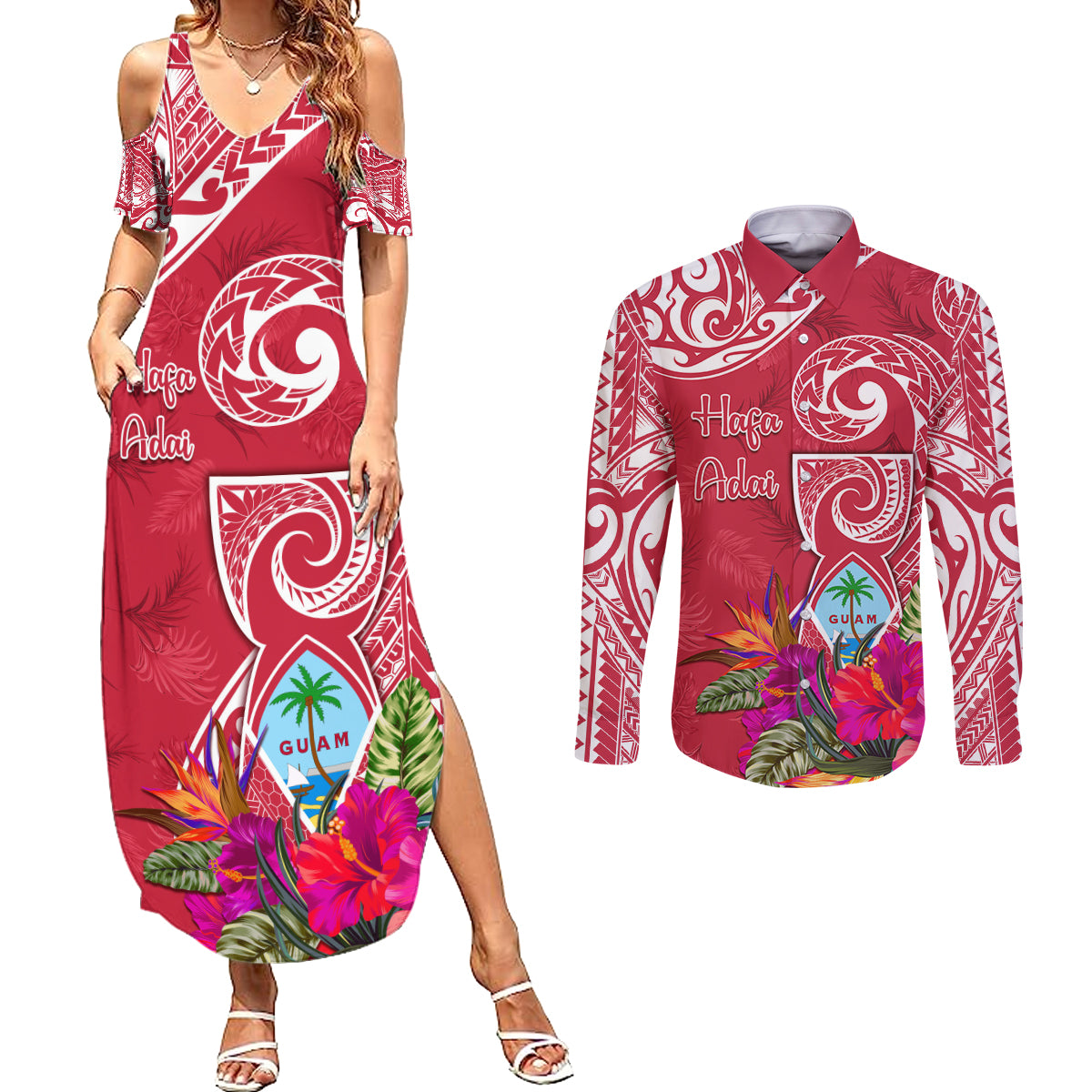 Personalised Hafa Adai Guam History and Chamorro Heritage Day Couples Matching Summer Maxi Dress and Long Sleeve Button Shirt Red Latte Stone LT05 Red - Polynesian Pride