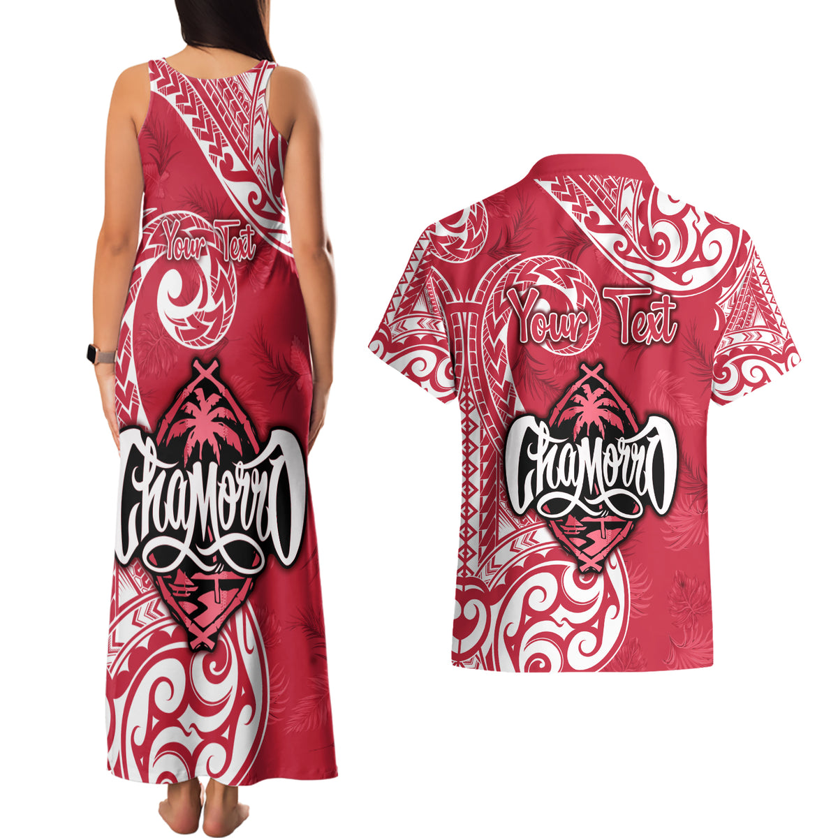 Personalised Hafa Adai Guam History and Chamorro Heritage Day Couples Matching Tank Maxi Dress and Hawaiian Shirt Red Latte Stone LT05 - Polynesian Pride