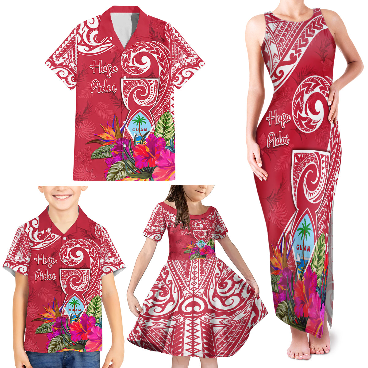Personalised Hafa Adai Guam History and Chamorro Heritage Day Family Matching Tank Maxi Dress and Hawaiian Shirt Red Latte Stone LT05 - Polynesian Pride