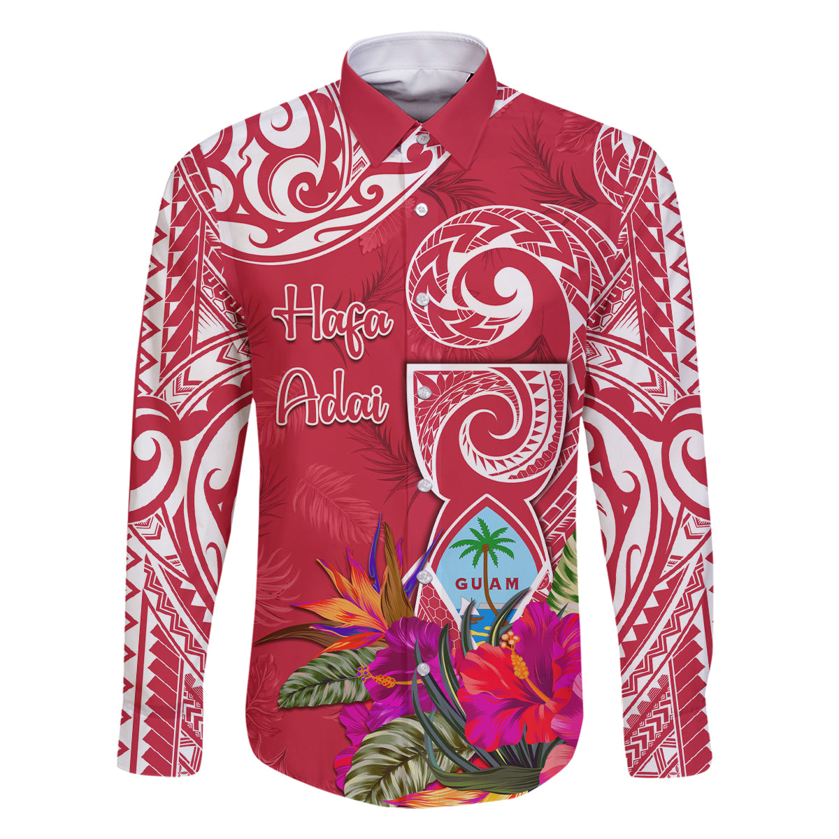 Personalised Hafa Adai Guam History and Chamorro Heritage Day Family Matching Tank Maxi Dress and Hawaiian Shirt Red Latte Stone LT05 Dad's Shirt - Long Sleeve Red - Polynesian Pride