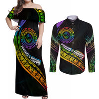 Personalised LGBT History Month Couples Matching Off Shoulder Maxi Dress and Long Sleeve Button Shirt Proud And Happy Polynesian Dolphin LT05 Black - Polynesian Pride