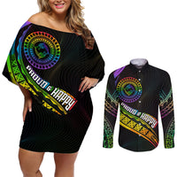 Personalised LGBT History Month Couples Matching Off Shoulder Short Dress and Long Sleeve Button Shirt Proud And Happy Polynesian Dolphin LT05 Black - Polynesian Pride