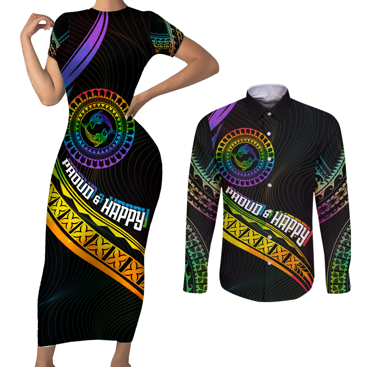 Personalised LGBT History Month Couples Matching Short Sleeve Bodycon Dress and Long Sleeve Button Shirt Proud And Happy Polynesian Dolphin LT05 Black - Polynesian Pride