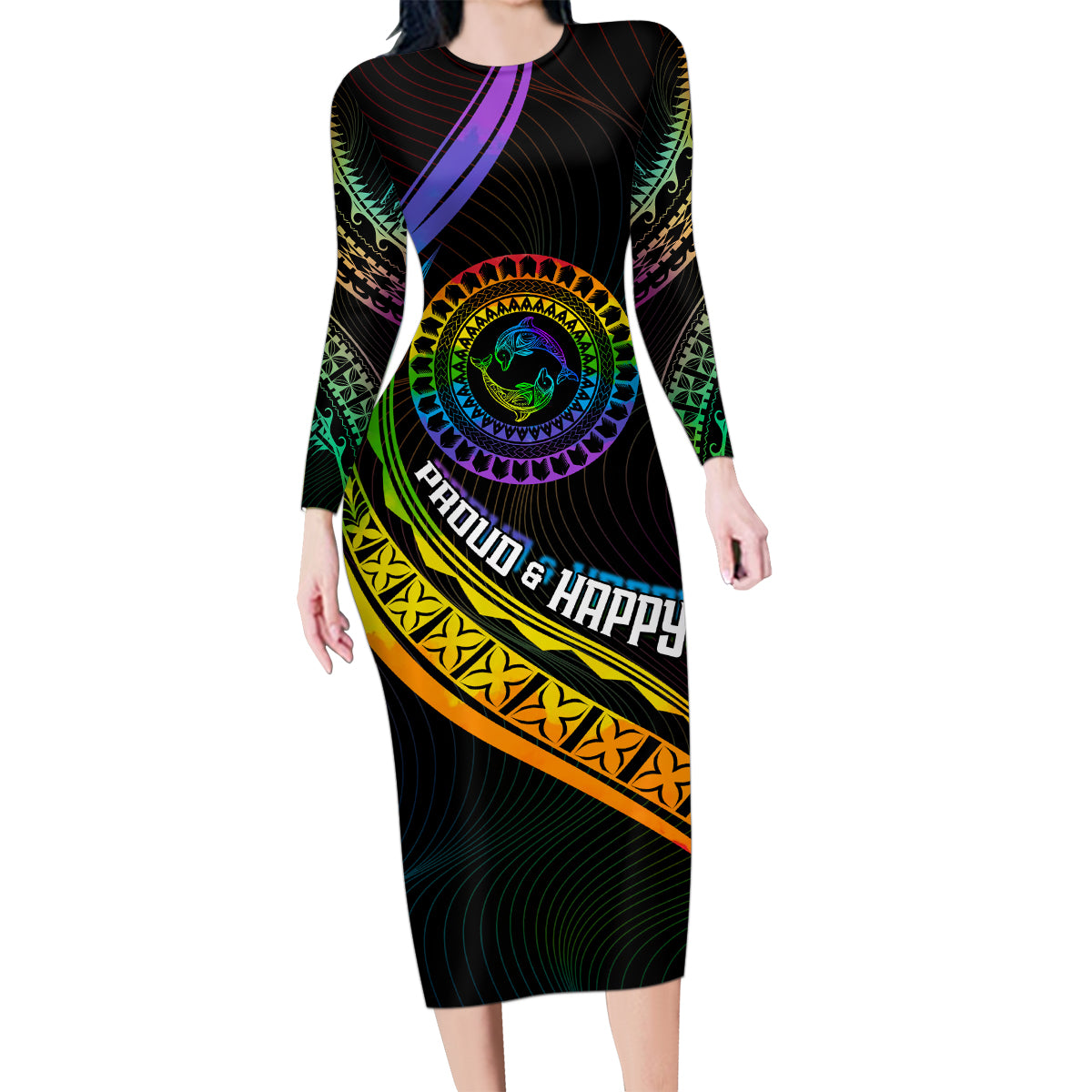 Personalised LGBT History Month Family Matching Long Sleeve Bodycon Dress and Hawaiian Shirt Proud And Happy Polynesian Dolphin LT05 Mom's Dress Black - Polynesian Pride