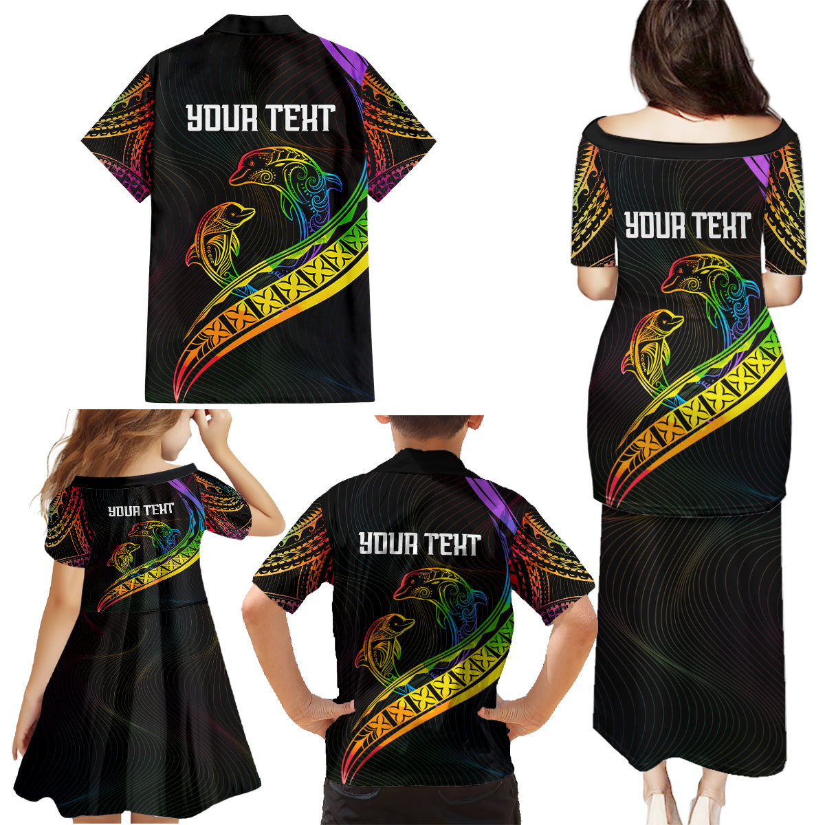 Personalised LGBT History Month Family Matching Puletasi Dress and Hawaiian Shirt Proud And Happy Polynesian Dolphin LT05 - Polynesian Pride