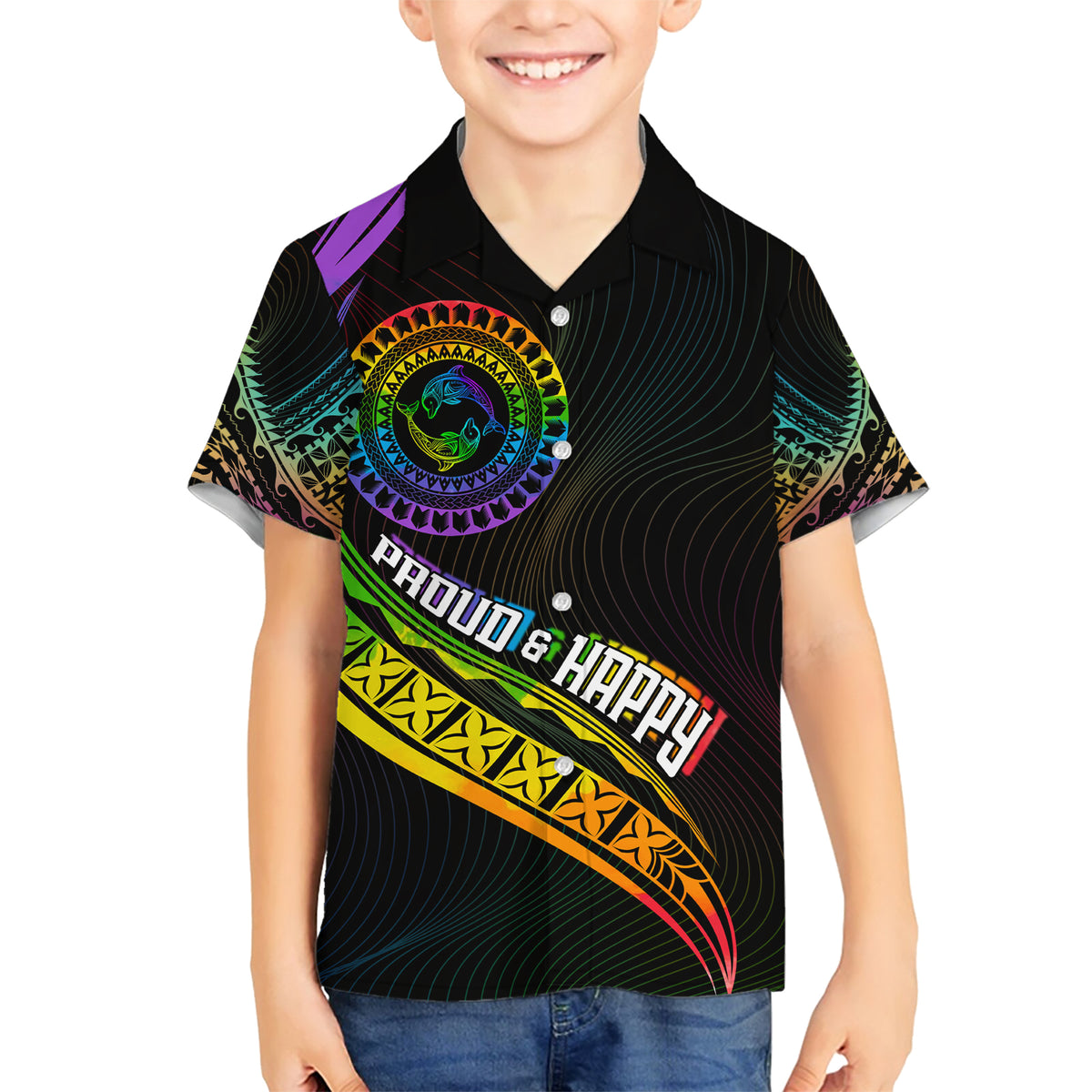 Personalised LGBT History Month Family Matching Short Sleeve Bodycon Dress and Hawaiian Shirt Proud And Happy Polynesian Dolphin LT05 Son's Shirt Black - Polynesian Pride