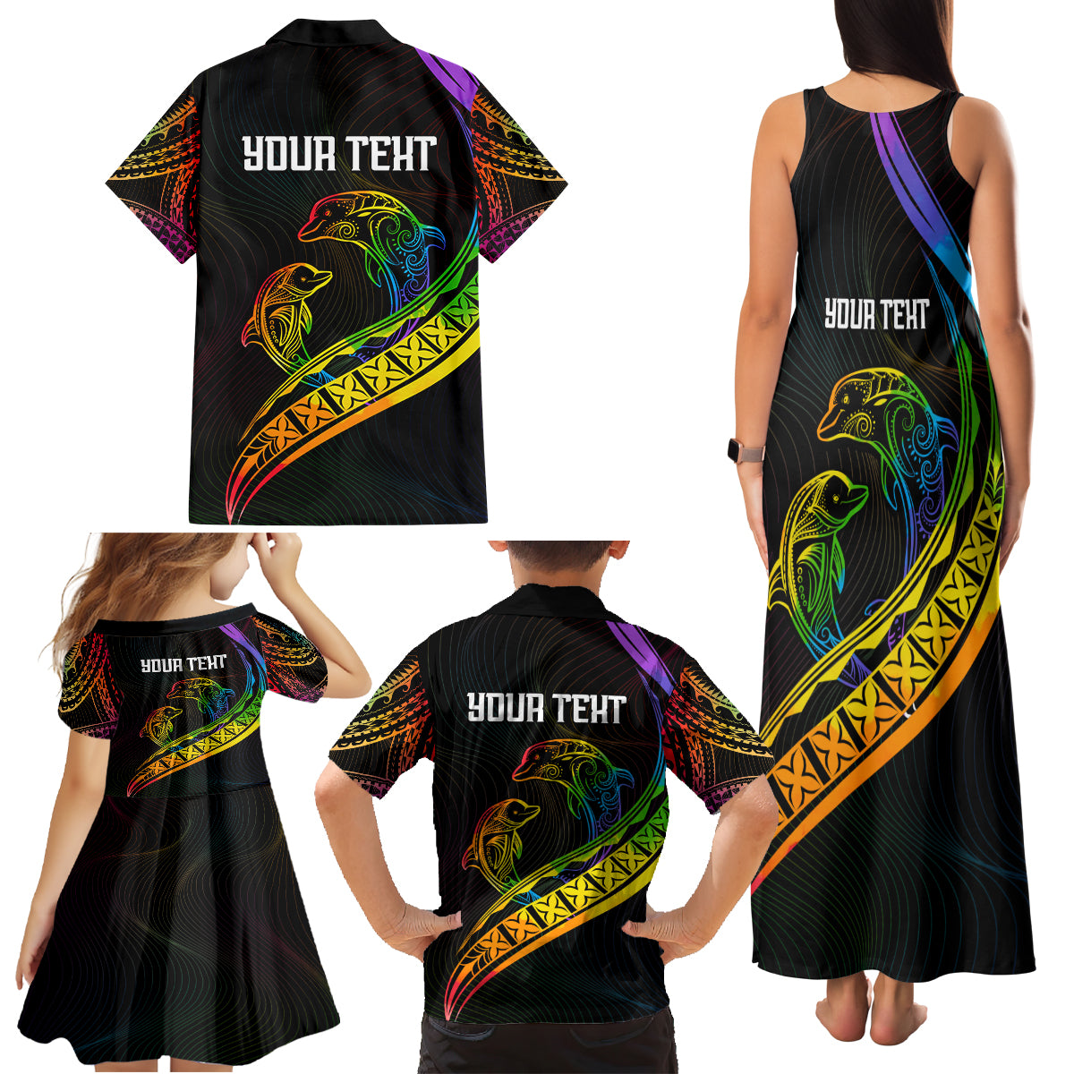 Personalised LGBT History Month Family Matching Tank Maxi Dress and Hawaiian Shirt Proud And Happy Polynesian Dolphin LT05 - Polynesian Pride