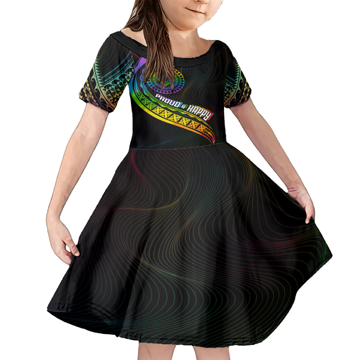 Personalised LGBT History Month Kid Short Sleeve Dress Proud And Happy Polynesian Dolphin LT05 KID Black - Polynesian Pride