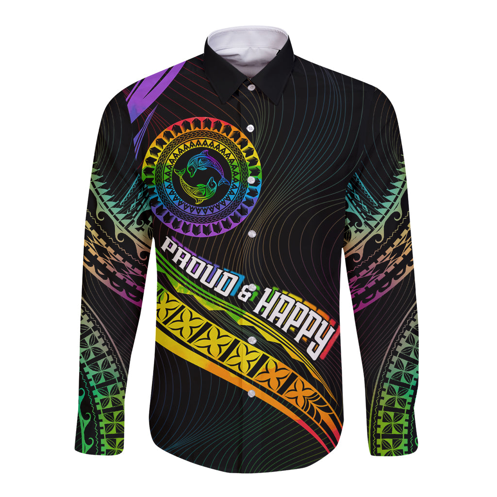 Personalised LGBT History Month Long Sleeve Button Shirt Proud And Happy Polynesian Dolphin LT05 Unisex Black - Polynesian Pride