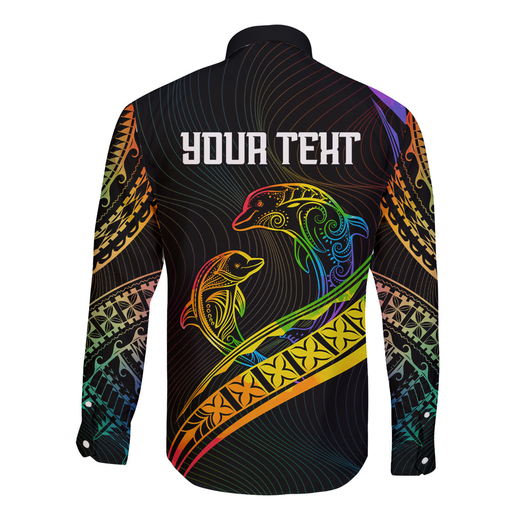 Personalised LGBT History Month Long Sleeve Button Shirt Proud And Happy Polynesian Dolphin LT05 - Polynesian Pride