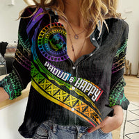 Personalised LGBT History Month Women Casual Shirt Proud And Happy Polynesian Dolphin LT05 Female Black - Polynesian Pride