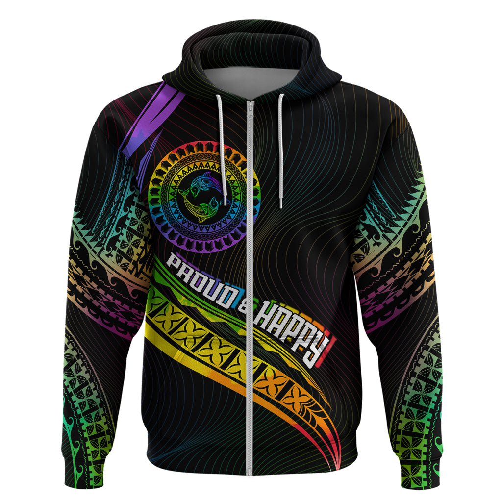 Personalised LGBT History Month Zip Hoodie Proud And Happy Polynesian Dolphin LT05 Zip Hoodie Black - Polynesian Pride