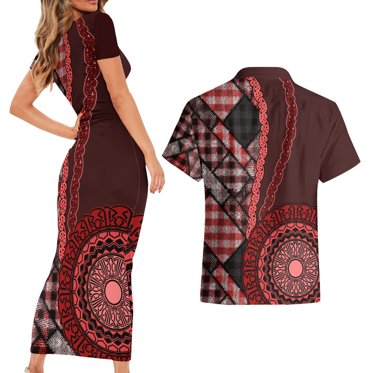 New Zealand Aotearoa Couples Matching Short Sleeve Bodycon Dress and Hawaiian Shirt Maori Harakeke Weaving Pattern Red LT05 - Polynesian Pride