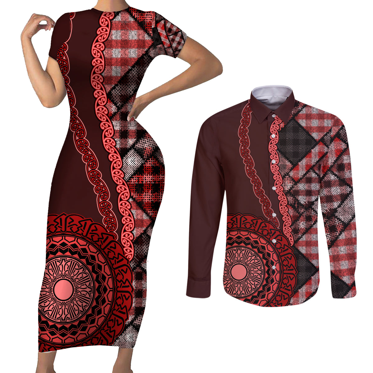 New Zealand Aotearoa Couples Matching Short Sleeve Bodycon Dress and Long Sleeve Button Shirt Maori Harakeke Weaving Pattern Red LT05 Red - Polynesian Pride