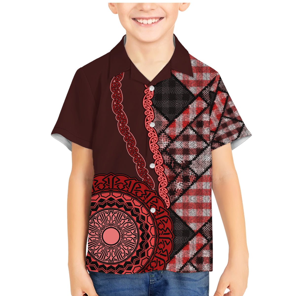 New Zealand Aotearoa Family Matching Mermaid Dress and Hawaiian Shirt Maori Harakeke Weaving Pattern Red LT05 Son's Shirt Red - Polynesian Pride