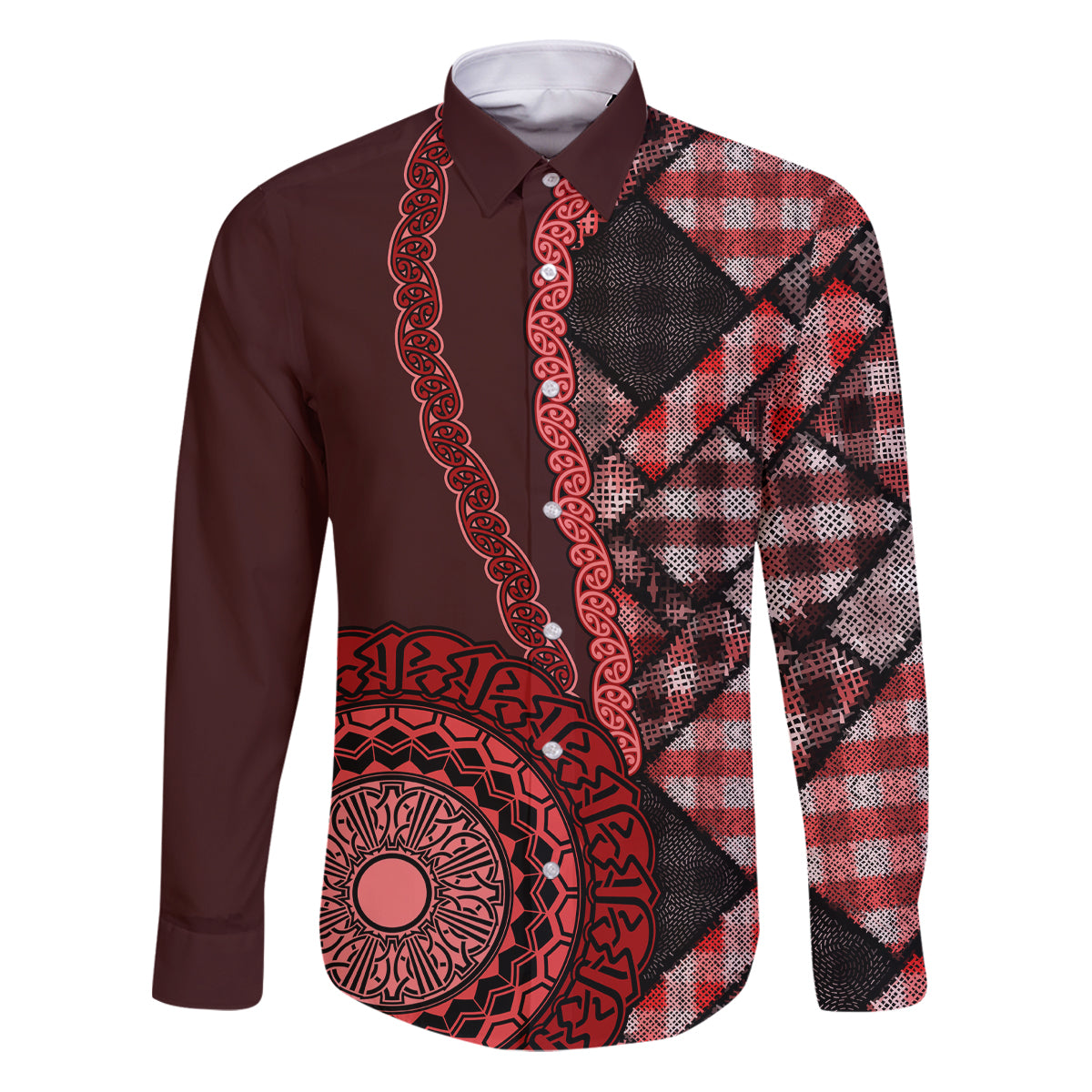 New Zealand Aotearoa Family Matching Puletasi Dress and Hawaiian Shirt Maori Harakeke Weaving Pattern Red LT05 Dad's Shirt - Long Sleeve Red - Polynesian Pride