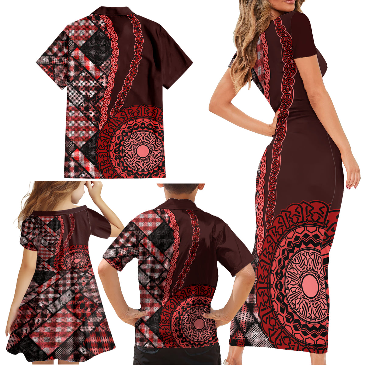 New Zealand Aotearoa Family Matching Short Sleeve Bodycon Dress and Hawaiian Shirt Maori Harakeke Weaving Pattern Red LT05 - Polynesian Pride