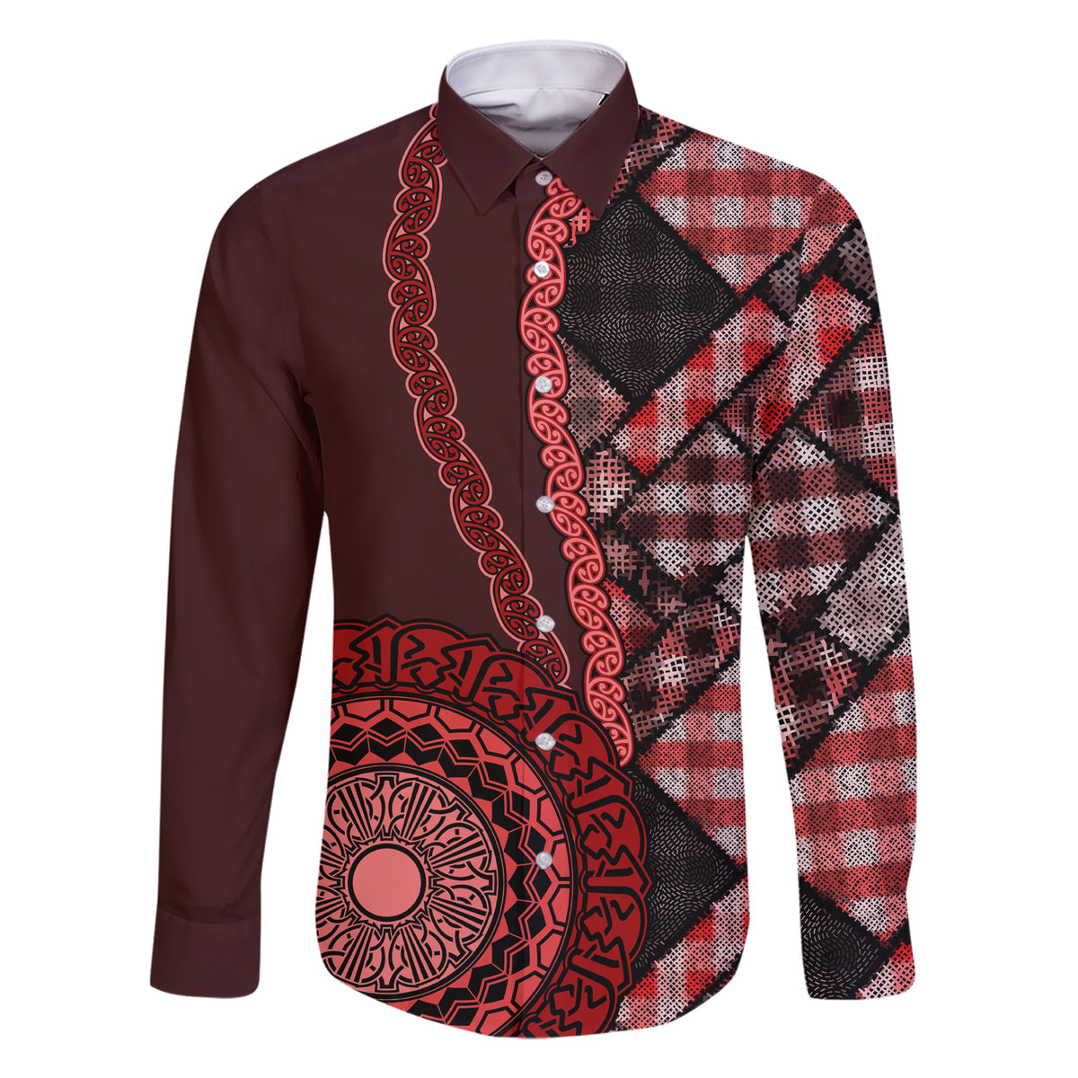 New Zealand Aotearoa Family Matching Short Sleeve Bodycon Dress and Hawaiian Shirt Maori Harakeke Weaving Pattern Red LT05 Dad's Shirt - Long Sleeve Red - Polynesian Pride