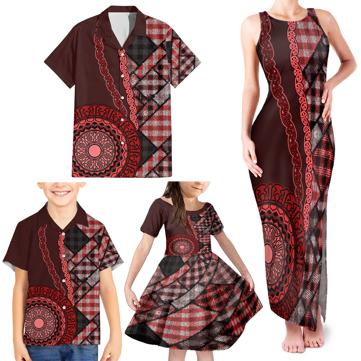 New Zealand Aotearoa Family Matching Tank Maxi Dress and Hawaiian Shirt Maori Harakeke Weaving Pattern Red LT05 - Polynesian Pride