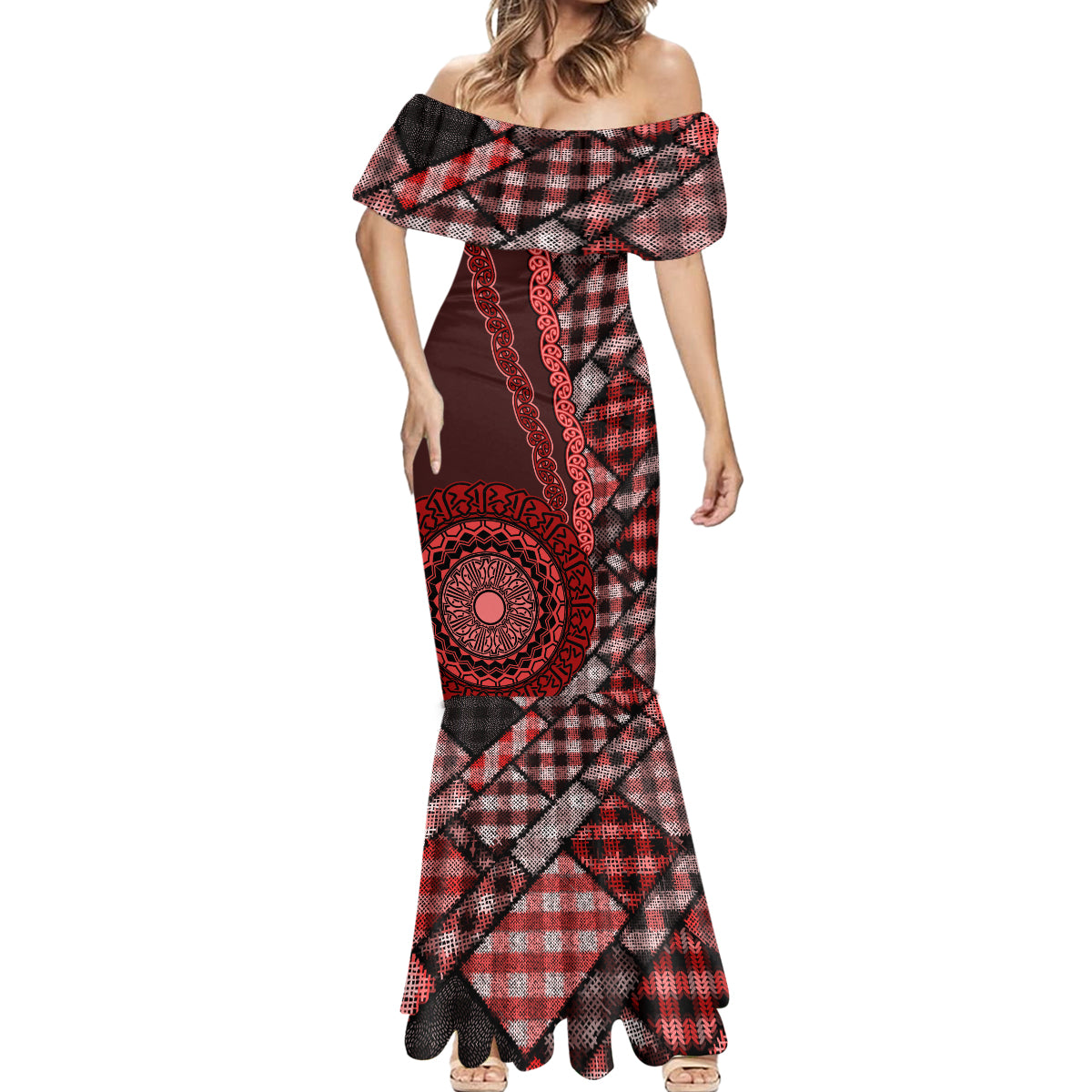 New Zealand Aotearoa Mermaid Dress Maori Harakeke Weaving Pattern Red LT05 - Polynesian Pride