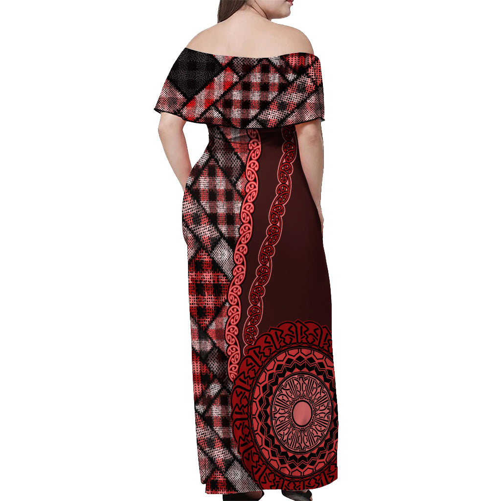 New Zealand Aotearoa Off Shoulder Maxi Dress Maori Harakeke Weaving Pattern Red LT05 - Polynesian Pride