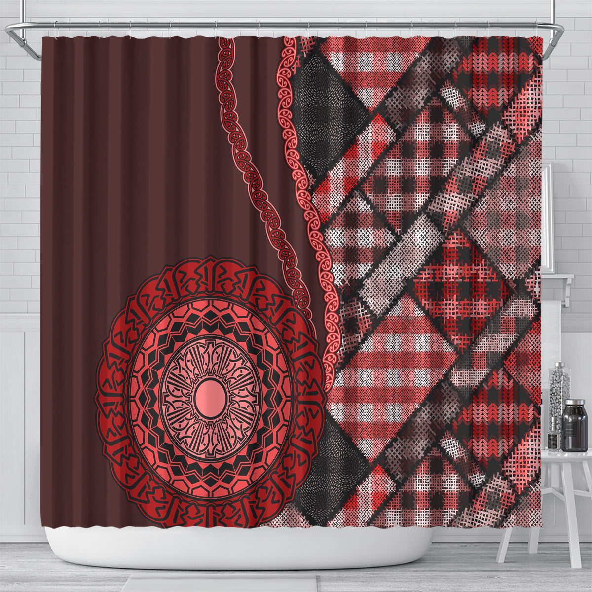 New Zealand Aotearoa Shower Curtain Maori Harakeke Weaving Pattern Red LT05 - Polynesian Pride
