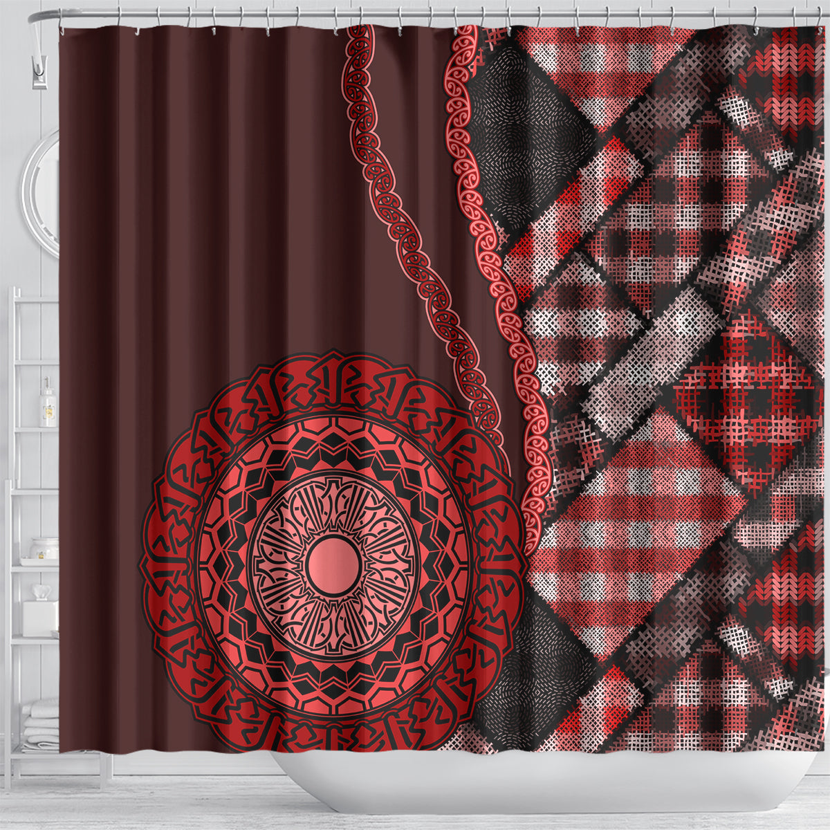 New Zealand Aotearoa Shower Curtain Maori Harakeke Weaving Pattern Red LT05 - Polynesian Pride