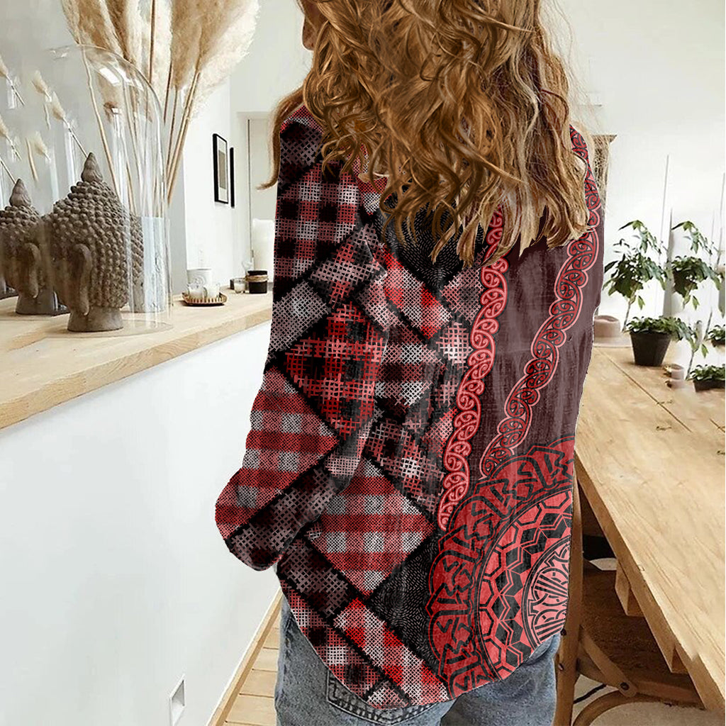 New Zealand Aotearoa Women Casual Shirt Maori Harakeke Weaving Pattern Red LT05 - Polynesian Pride