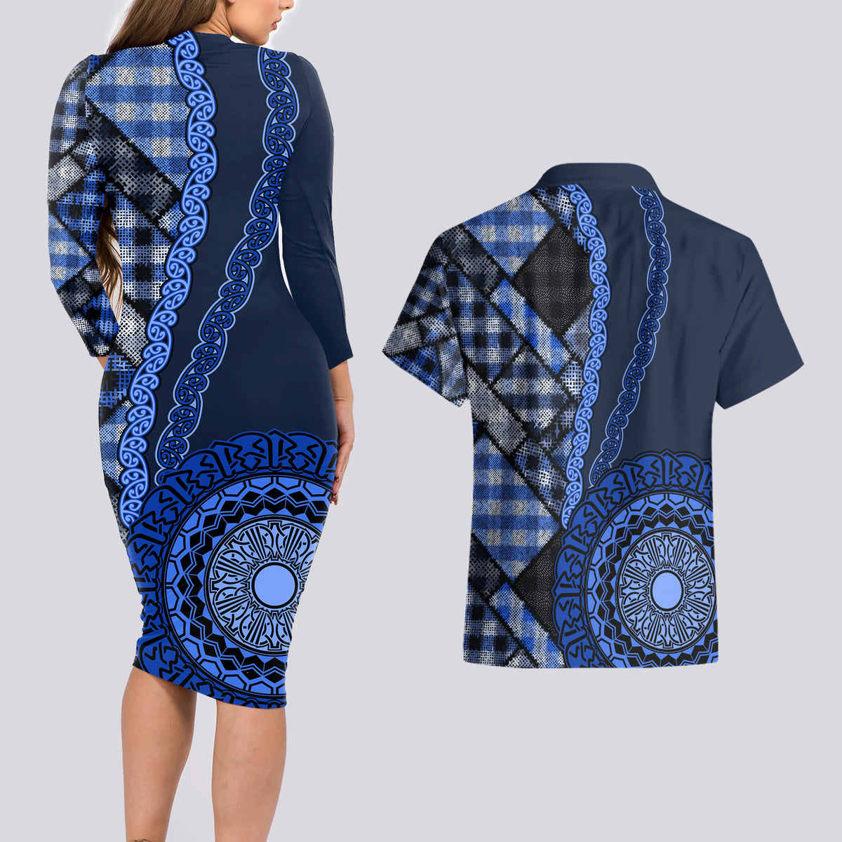 New Zealand Aotearoa Couples Matching Long Sleeve Bodycon Dress and Hawaiian Shirt Maori Harakeke Weaving Pattern Blue LT05 - Polynesian Pride