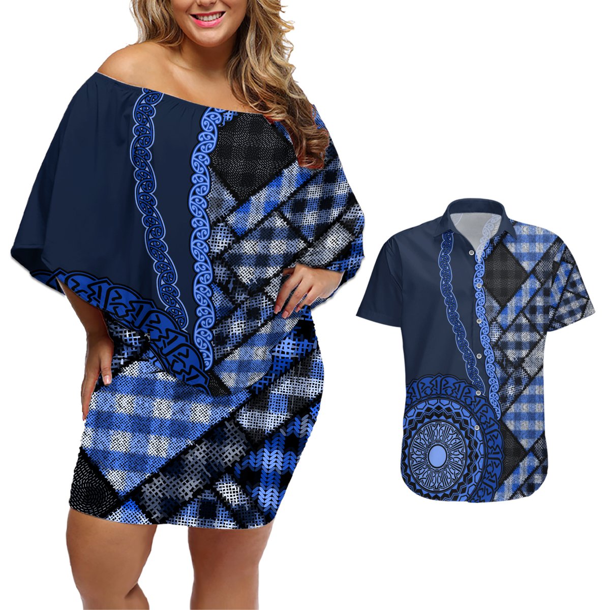 New Zealand Aotearoa Couples Matching Off Shoulder Short Dress and Hawaiian Shirt Maori Harakeke Weaving Pattern Blue LT05 Blue - Polynesian Pride
