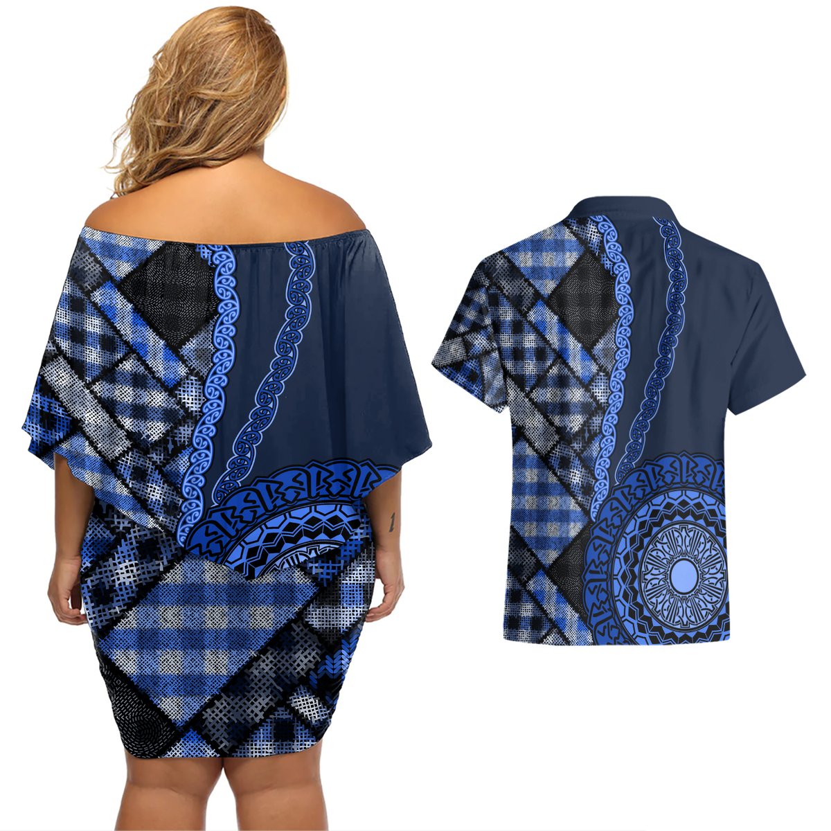 New Zealand Aotearoa Couples Matching Off Shoulder Short Dress and Hawaiian Shirt Maori Harakeke Weaving Pattern Blue LT05 - Polynesian Pride