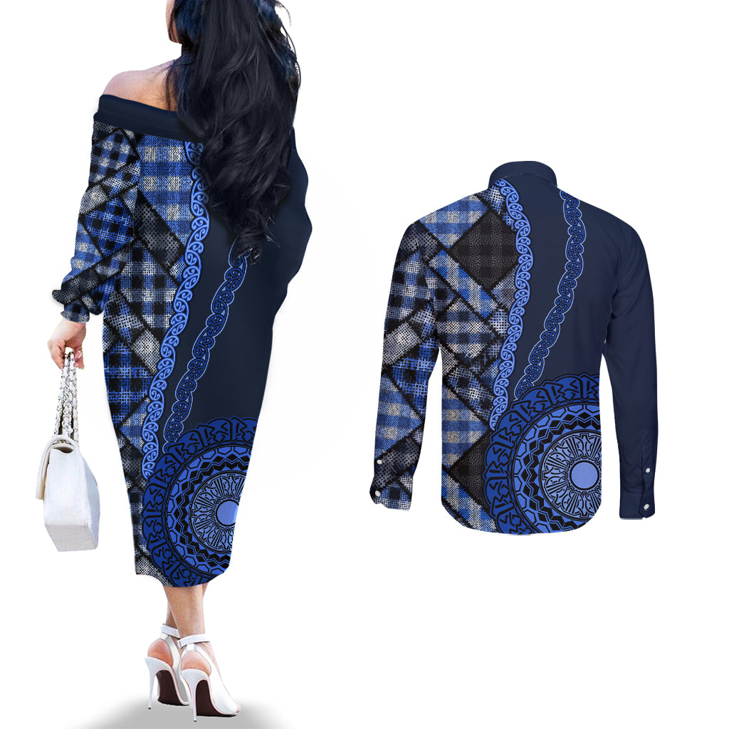 New Zealand Aotearoa Couples Matching Off The Shoulder Long Sleeve Dress and Long Sleeve Button Shirt Maori Harakeke Weaving Pattern Blue LT05 - Polynesian Pride