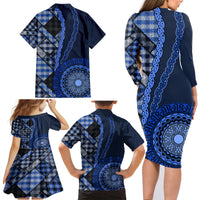 New Zealand Aotearoa Family Matching Long Sleeve Bodycon Dress and Hawaiian Shirt Maori Harakeke Weaving Pattern Blue LT05 - Polynesian Pride