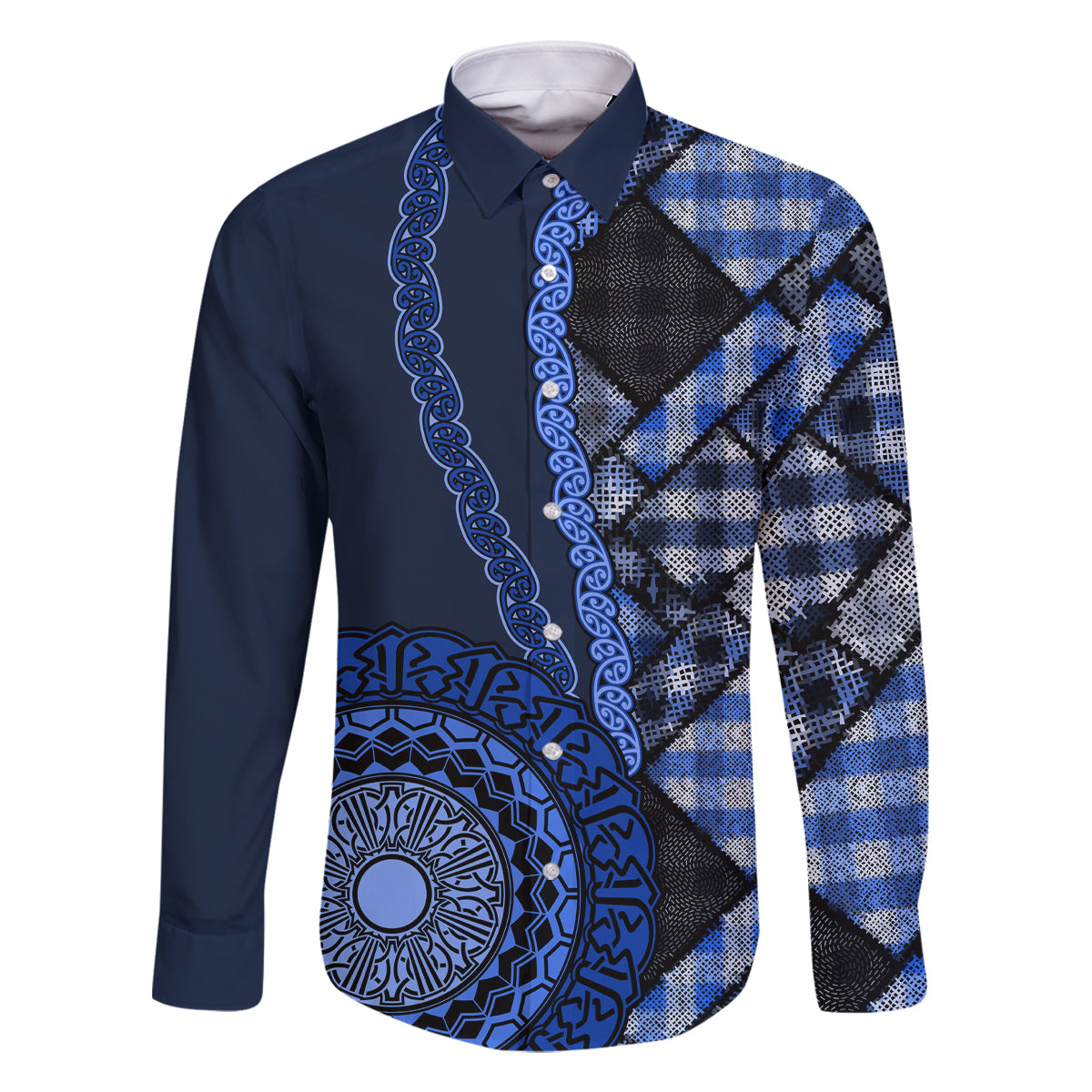 New Zealand Aotearoa Family Matching Long Sleeve Bodycon Dress and Hawaiian Shirt Maori Harakeke Weaving Pattern Blue LT05 Dad's Shirt - Long Sleeve Blue - Polynesian Pride