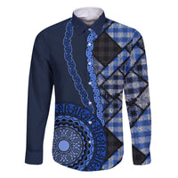 New Zealand Aotearoa Family Matching Long Sleeve Bodycon Dress and Hawaiian Shirt Maori Harakeke Weaving Pattern Blue LT05 Dad's Shirt - Long Sleeve Blue - Polynesian Pride