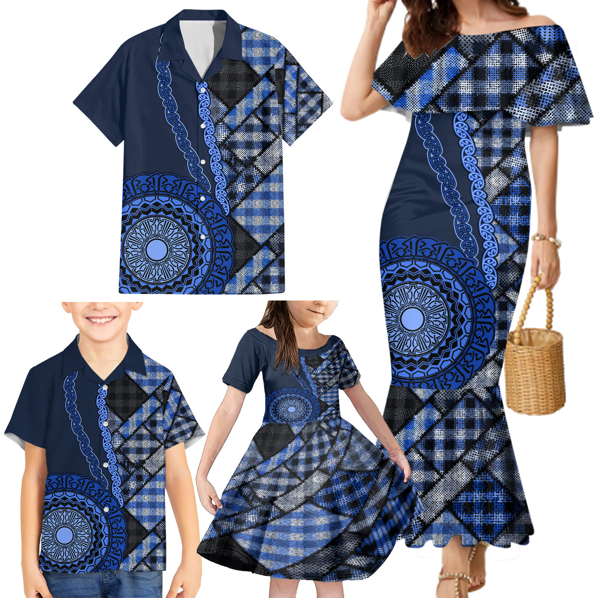 New Zealand Aotearoa Family Matching Mermaid Dress and Hawaiian Shirt Maori Harakeke Weaving Pattern Blue LT05 - Polynesian Pride