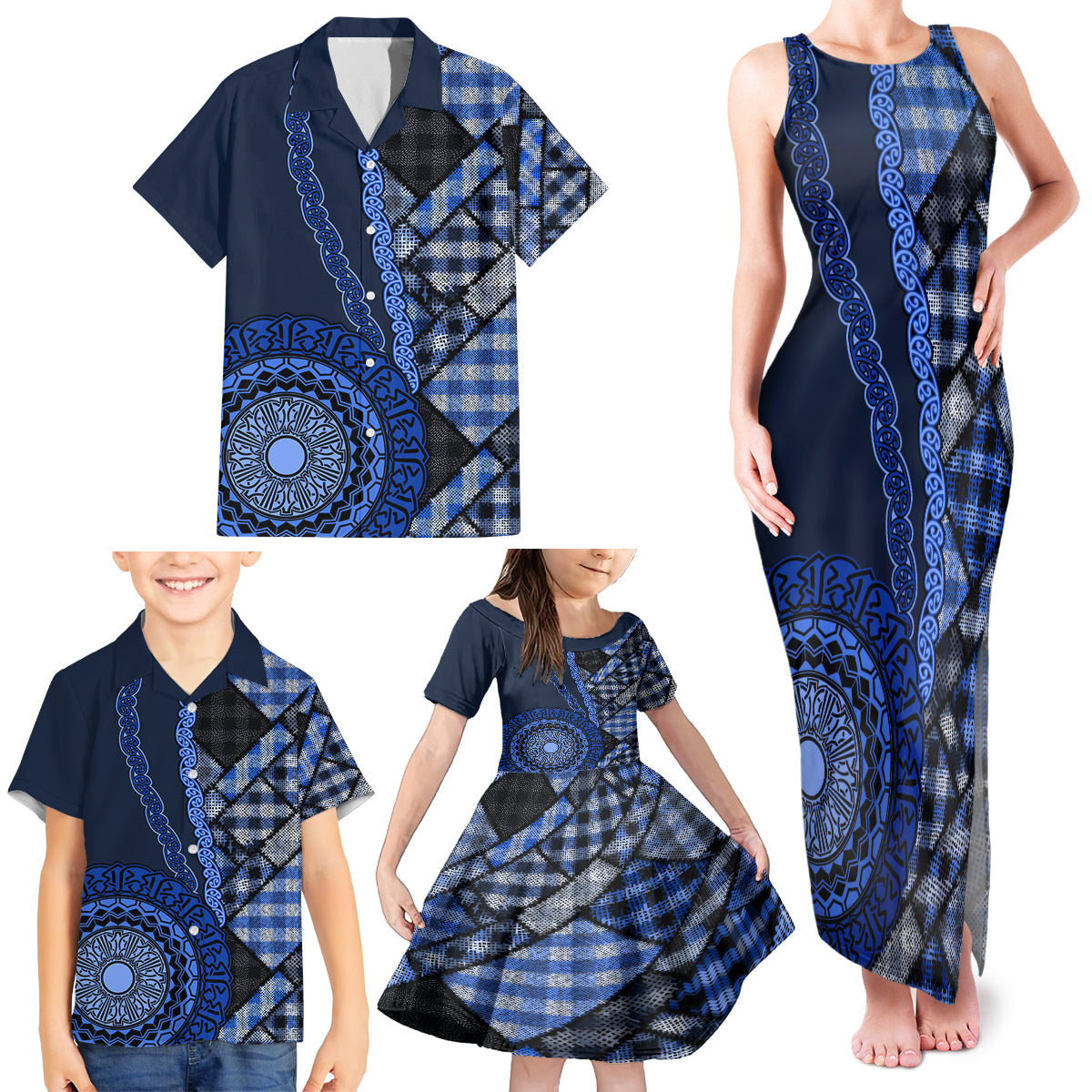 New Zealand Aotearoa Family Matching Tank Maxi Dress and Hawaiian Shirt Maori Harakeke Weaving Pattern Blue LT05 - Polynesian Pride