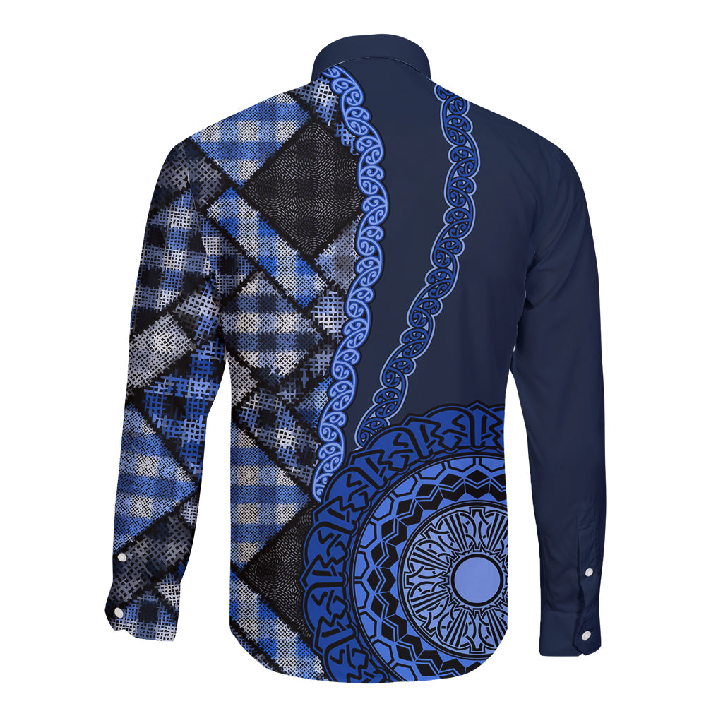 New Zealand Aotearoa Long Sleeve Button Shirt Maori Harakeke Weaving Pattern Blue LT05 - Polynesian Pride