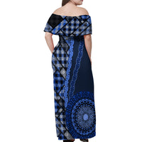 New Zealand Aotearoa Off Shoulder Maxi Dress Maori Harakeke Weaving Pattern Blue LT05 - Polynesian Pride