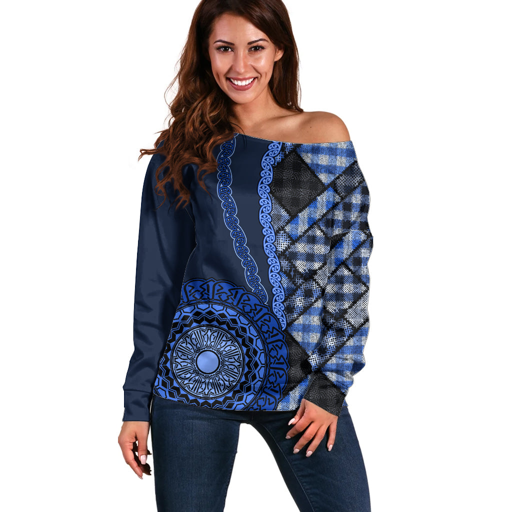 New Zealand Aotearoa Off Shoulder Sweater Maori Harakeke Weaving Pattern Blue LT05 Women Blue - Polynesian Pride